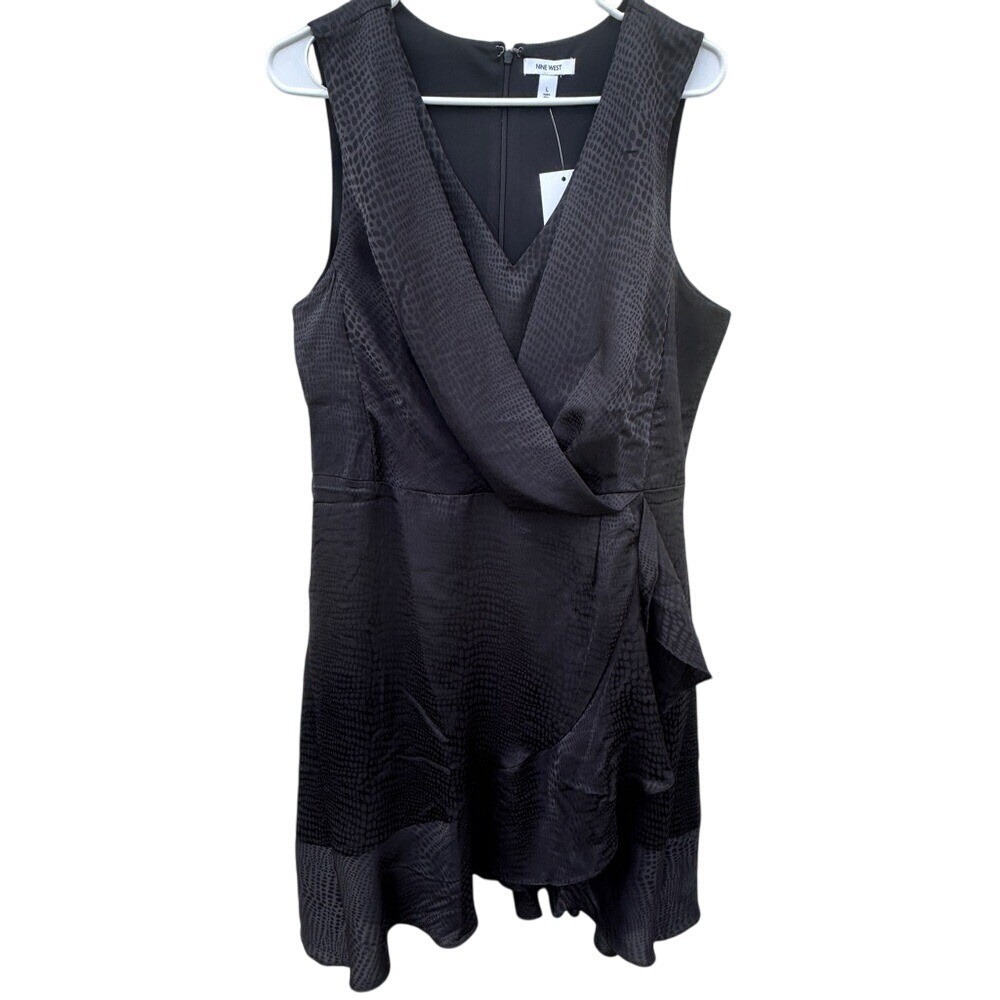 Nine West Womens Mineral Black Snakeskin Sleeveless Wrap Mini Dress L WW33Y219‎
